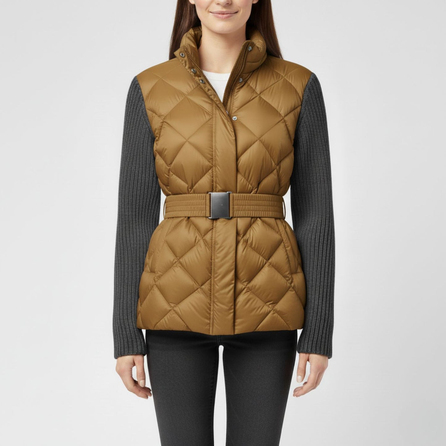 Quilted Down Jacket with Feminine Belted Silhouette