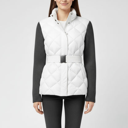 Quilted Down Jacket with Feminine Belted Silhouette