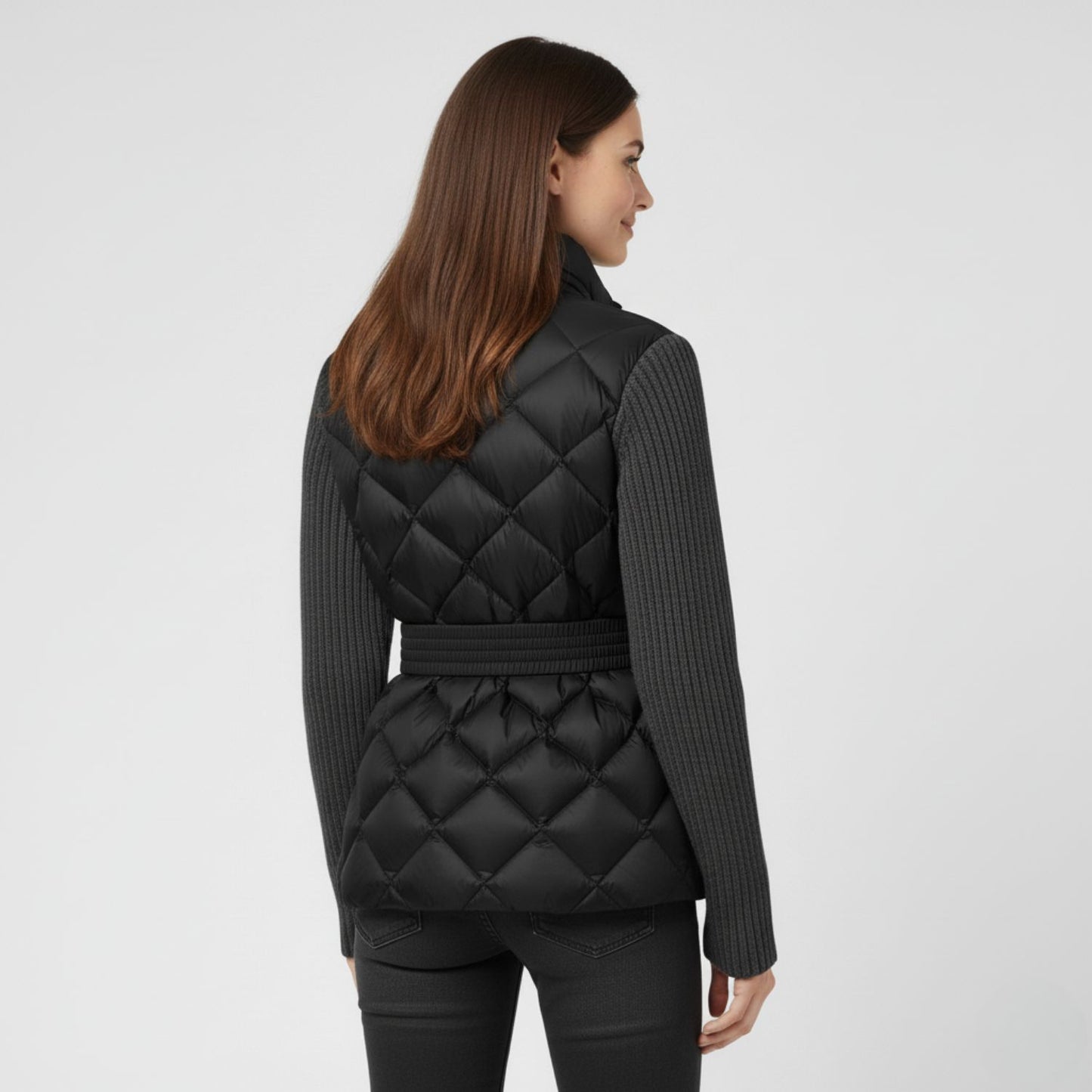Quilted Down Jacket with Feminine Belted Silhouette