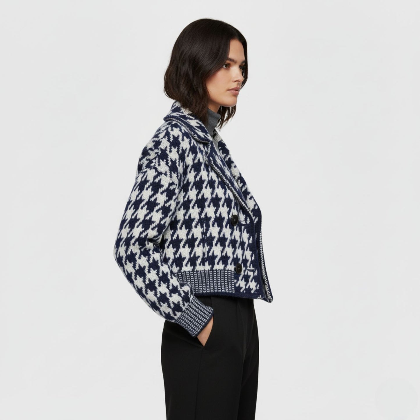 Cropped Houndstooth Knit Jacket with Modern Vintage Appeal