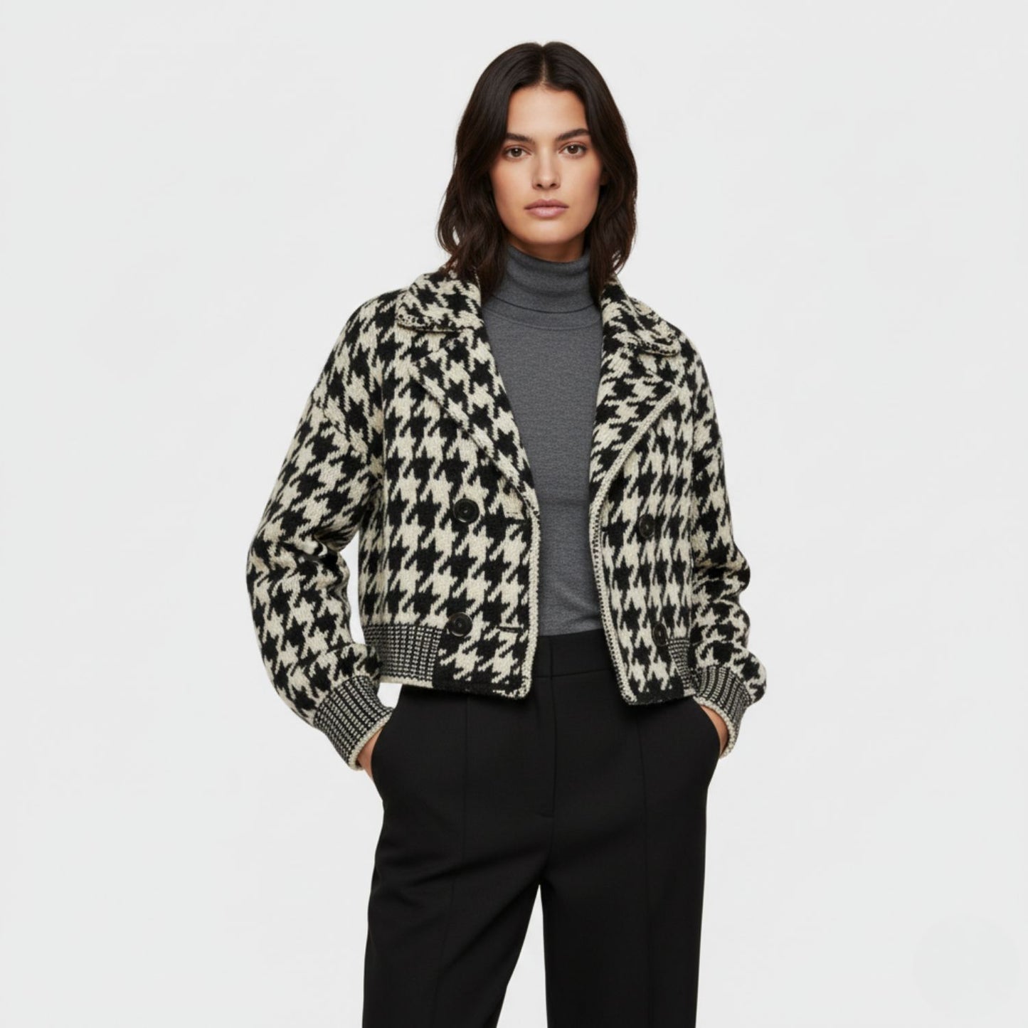 Cropped Houndstooth Knit Jacket with Modern Vintage Appeal