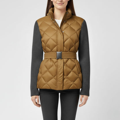 Quilted Down Jacket with Feminine Belted Silhouette