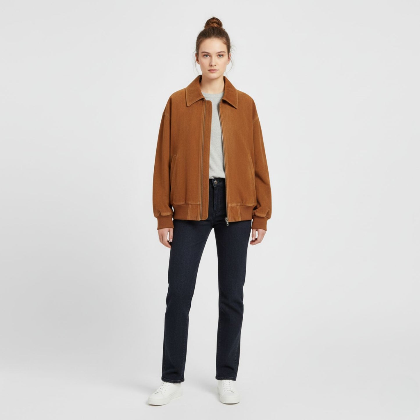 Women’s Suede Bomber Jacket for Effortless Street-to-Evening Style