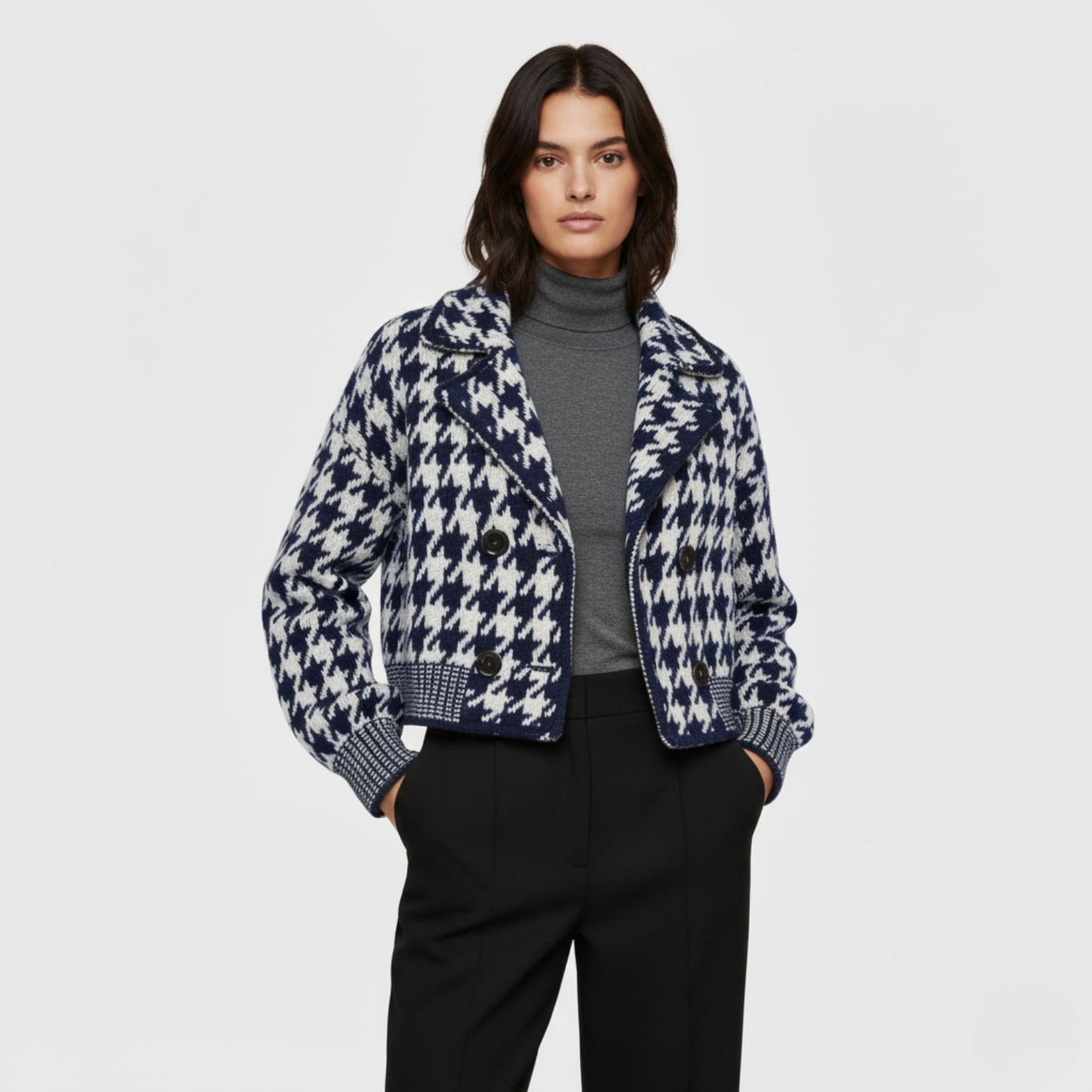 Cropped Houndstooth Knit Jacket with Modern Vintage Appeal
