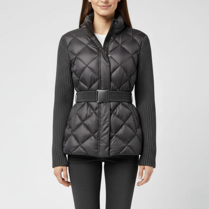 Quilted Down Jacket with Feminine Belted Silhouette