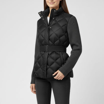 Quilted Down Jacket with Feminine Belted Silhouette