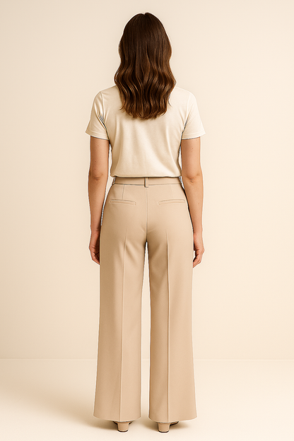 Beige damespantalon met hoge taille en rechte pijpen