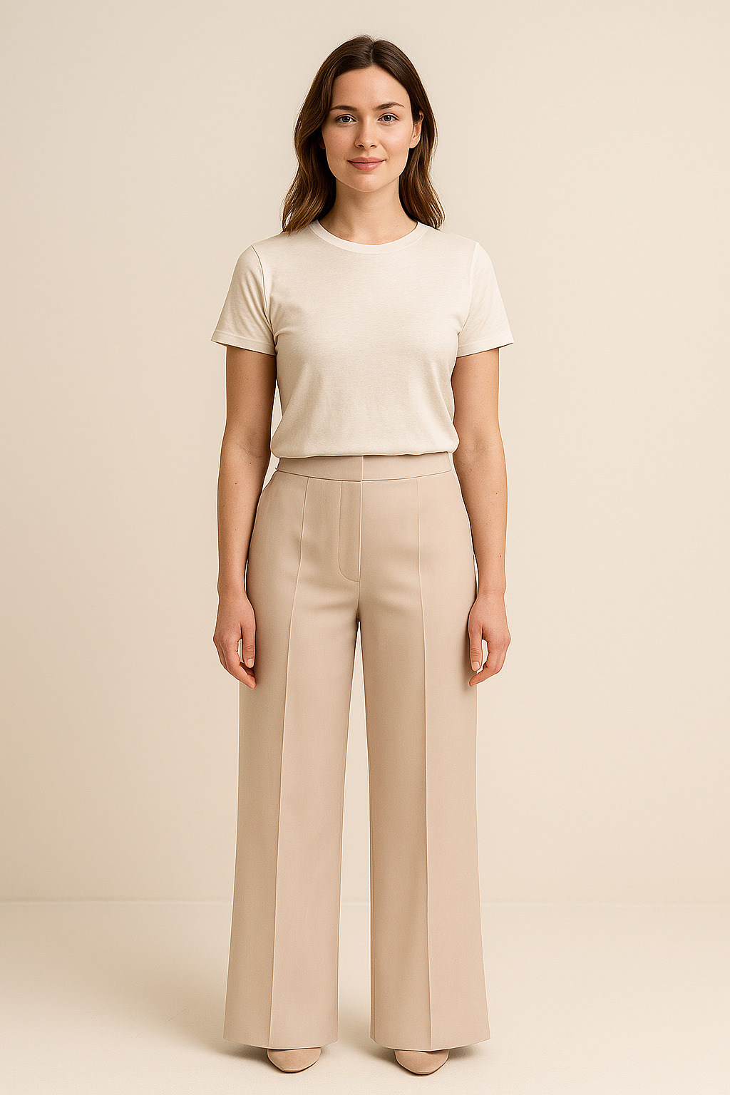 Beige damespantalon met hoge taille en rechte pijpen