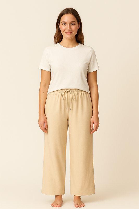 Beige damesbroek met wijde pijpen en hoge taille